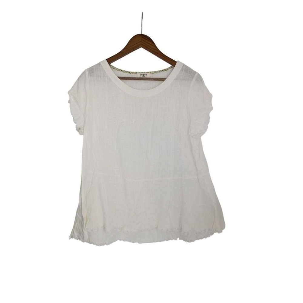 Umgee USA White Linen Blend Short Sleeve Top Size S Raw Hem Floral Trim